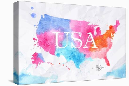 Watercolor Map United States Pink Blue-anna42f-Stretched Canvas