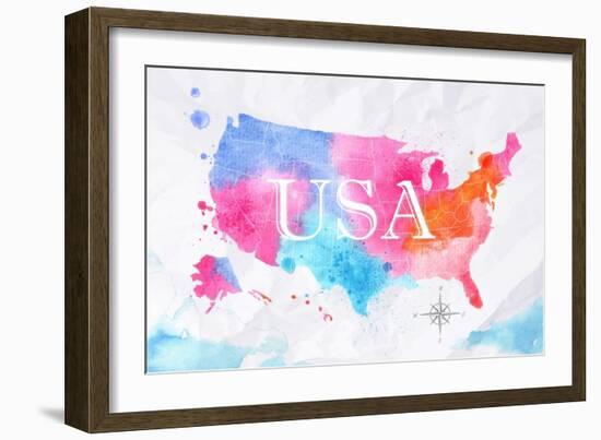 Watercolor Map United States Pink Blue-anna42f-Framed Art Print