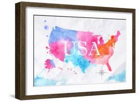 Watercolor Map United States Pink Blue-anna42f-Framed Art Print