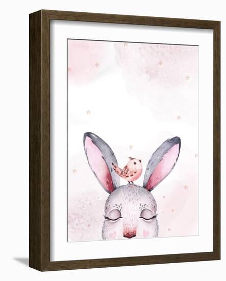 Watercolor New Year Baby Bunny Portrait Illlustration Oster. Merry Christmas Postcard Cute Cartoon-Kris_art-Framed Photographic Print