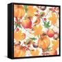 Watercolor Orange Maple Leaves, Orange Pumpkin, Red Apple, Chestnut and Autumn-Maria Mirnaya-Framed Stretched Canvas