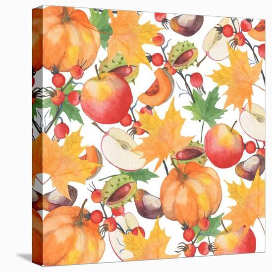 Watercolor Orange Maple Leaves, Orange Pumpkin, Red Apple, Chestnut and Autumn-Maria Mirnaya-Stretched Canvas