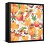 Watercolor Orange Maple Leaves, Orange Pumpkin, Red Apple, Chestnut and Autumn-Maria Mirnaya-Framed Stretched Canvas