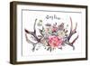 Watercolor Painting of Deer Antlers Decorated with Bouquet of Pink and White Peonies, Lilac, Berrie-Inna Sinano-Framed Art Print