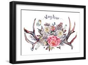 Watercolor Painting of Deer Antlers Decorated with Bouquet of Pink and White Peonies, Lilac, Berrie-Inna Sinano-Framed Art Print