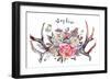 Watercolor Painting of Deer Antlers Decorated with Bouquet of Pink and White Peonies, Lilac, Berrie-Inna Sinano-Framed Art Print