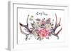 Watercolor Painting of Deer Antlers Decorated with Bouquet of Pink and White Peonies, Lilac, Berrie-Inna Sinano-Framed Art Print