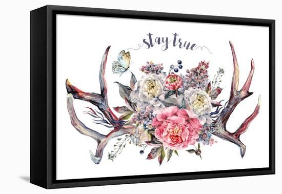 Watercolor Painting of Deer Antlers Decorated with Bouquet of Pink and White Peonies, Lilac, Berrie-Inna Sinano-Framed Stretched Canvas