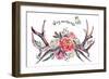 Watercolor Painting of Deer Antlers Decorated with Pink and White Peonies, Pheasant Feathers, Berri-Inna Sinano-Framed Art Print