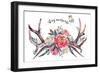 Watercolor Painting of Deer Antlers Decorated with Pink and White Peonies, Pheasant Feathers, Berri-Inna Sinano-Framed Art Print