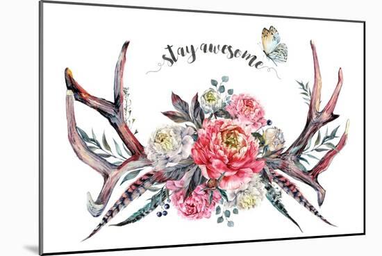 Watercolor Painting of Deer Antlers Decorated with Pink and White Peonies, Pheasant Feathers, Berri-Inna Sinano-Mounted Art Print