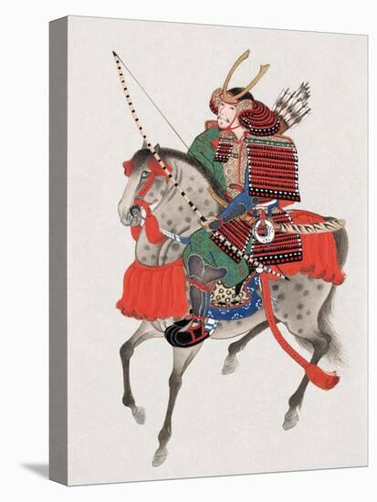 Watercolor Painting of Samurai on Horseback-null-Stretched Canvas