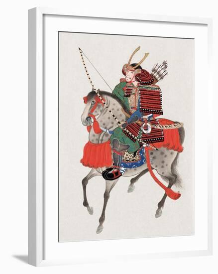 Watercolor Painting of Samurai on Horseback-null-Framed Premium Photographic Print