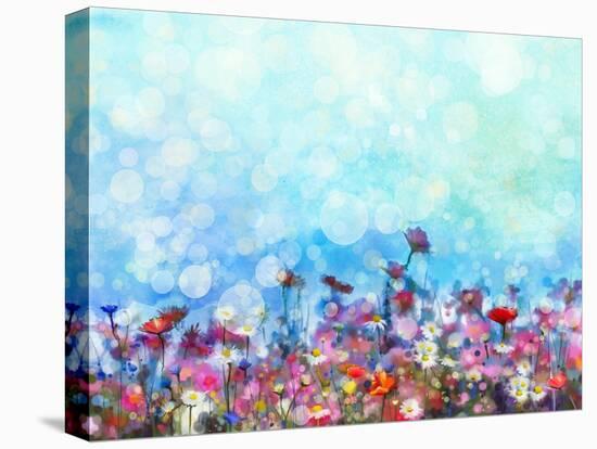 Watercolor Painting Purple Cosmos Flower, White Daisy, Cornflower, Wildflower. Flowers Meadow, Gree-pluie_r-Stretched Canvas