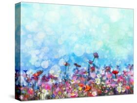 Watercolor Painting Purple Cosmos Flower, White Daisy, Cornflower, Wildflower. Flowers Meadow, Gree-pluie_r-Stretched Canvas