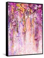 Watercolor Painting. Spring Purple Flowers Wisteria Background-Nongkran_ch-Framed Stretched Canvas