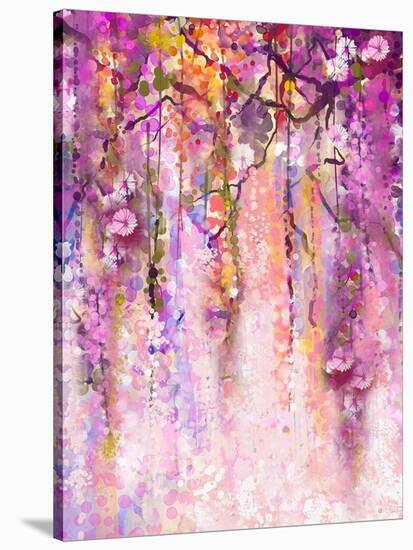 Watercolor Painting. Spring Purple Flowers Wisteria Background-Nongkran_ch-Stretched Canvas