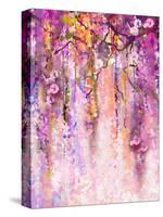 Watercolor Painting. Spring Purple Flowers Wisteria Background-Nongkran_ch-Stretched Canvas