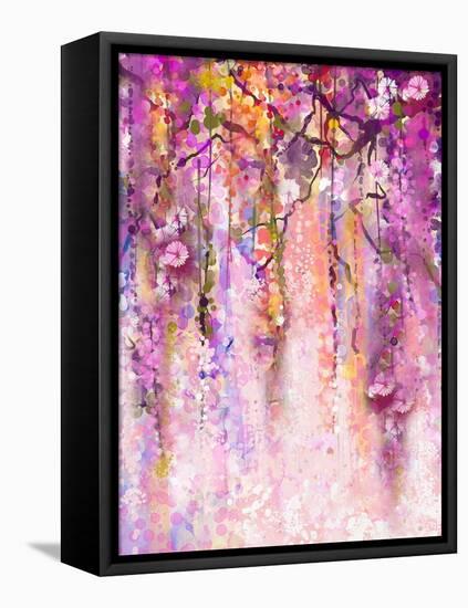 Watercolor Painting. Spring Purple Flowers Wisteria Background-Nongkran_ch-Framed Stretched Canvas