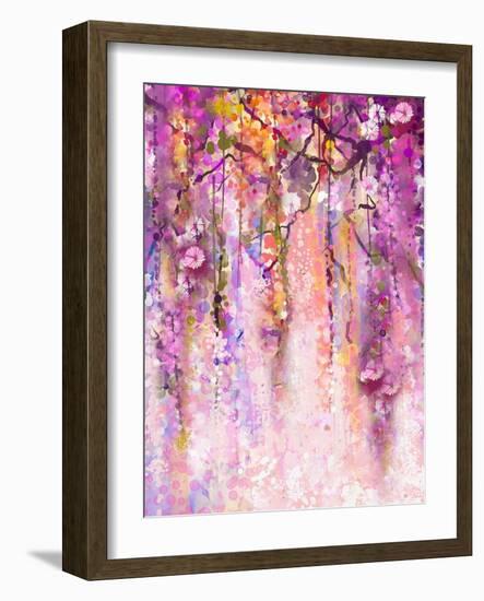 Watercolor Painting. Spring Purple Flowers Wisteria Background-Nongkran_ch-Framed Art Print