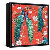 Watercolor Pattern Peacock Lover, Blooming Cherry Trees, White Magnolia Flowers, Japanese Sakura Fe-Anastasia Zenina-Lembrik-Framed Stretched Canvas