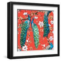 Watercolor Pattern Peacock Lover, Blooming Cherry Trees, White Magnolia Flowers, Japanese Sakura Fe-Anastasia Zenina-Lembrik-Framed Art Print