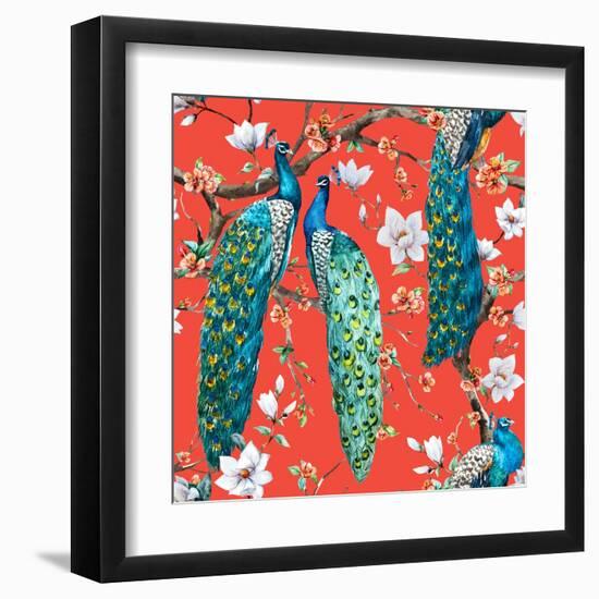 Watercolor Pattern Peacock Lover, Blooming Cherry Trees, White Magnolia Flowers, Japanese Sakura Fe-Anastasia Zenina-Lembrik-Framed Art Print