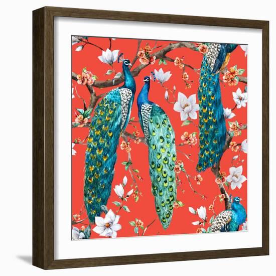 Watercolor Pattern Peacock Lover, Blooming Cherry Trees, White Magnolia Flowers, Japanese Sakura Fe-Anastasia Zenina-Lembrik-Framed Art Print