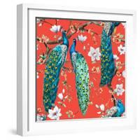 Watercolor Pattern Peacock Lover, Blooming Cherry Trees, White Magnolia Flowers, Japanese Sakura Fe-Anastasia Zenina-Lembrik-Framed Art Print