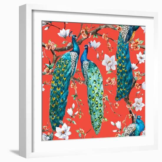 Watercolor Pattern Peacock Lover, Blooming Cherry Trees, White Magnolia Flowers, Japanese Sakura Fe-Anastasia Zenina-Lembrik-Framed Art Print