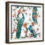 Watercolor Pattern Peacock on a Tree Cherry, Flowering Trees-Anastasia Zenina-Lembrik-Framed Art Print