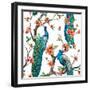 Watercolor Pattern Peacock on a Tree Cherry, Flowering Trees-Anastasia Zenina-Lembrik-Framed Art Print