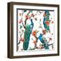 Watercolor Pattern Peacock on a Tree Cherry, Flowering Trees-Anastasia Zenina-Lembrik-Framed Art Print