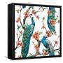 Watercolor Pattern Peacock on a Tree Cherry, Flowering Trees-Anastasia Zenina-Lembrik-Framed Stretched Canvas