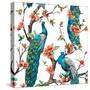 Watercolor Pattern Peacock on a Tree Cherry, Flowering Trees-Anastasia Zenina-Lembrik-Stretched Canvas