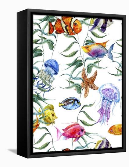 Watercolor Sea Life Seamless Pattern, Underwater Watercolor Illustration-Varvara Kurakina-Framed Stretched Canvas
