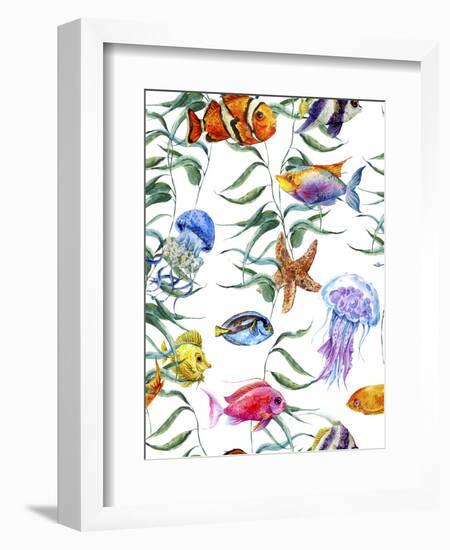 Watercolor Sea Life Seamless Pattern, Underwater Watercolor Illustration-Varvara Kurakina-Framed Photographic Print