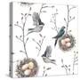 Watercolor Seamless Pattern with Nest, Birds and Tree Twigs. Vector Hand Drawn Spring Background. V-Eisfrei-Stretched Canvas