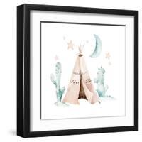 Watercolor Set with Mexican Ethnic Elements: Cactus ,Teepee, Traditional Wigwam, Boho Party Invitat-krisArt-Framed Art Print