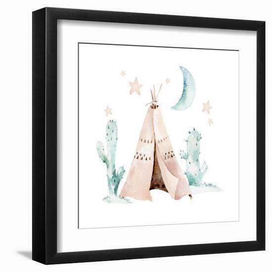 Watercolor Set with Mexican Ethnic Elements: Cactus ,Teepee, Traditional Wigwam, Boho Party Invitat-krisArt-Framed Art Print