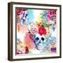 Watercolor, Skull, Flowers, Indian, Boho, Ethnic, Pattern, Wallpaper, Background-Anastasia Zenina-Lembrik-Framed Art Print