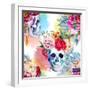 Watercolor, Skull, Flowers, Indian, Boho, Ethnic, Pattern, Wallpaper, Background-Anastasia Zenina-Lembrik-Framed Art Print