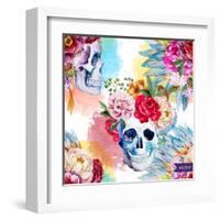 Watercolor, Skull, Flowers, Indian, Boho, Ethnic, Pattern, Wallpaper, Background-Anastasia Zenina-Lembrik-Framed Art Print