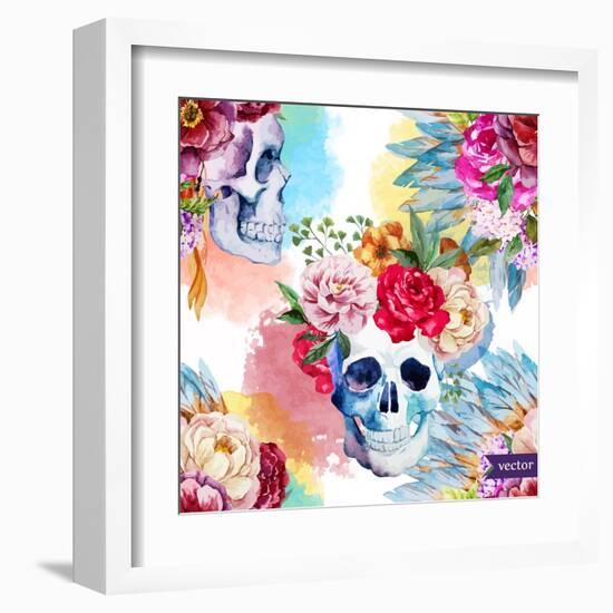 Watercolor, Skull, Flowers, Indian, Boho, Ethnic, Pattern, Wallpaper, Background-Anastasia Zenina-Lembrik-Framed Art Print