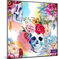 Watercolor, Skull, Flowers, Indian, Boho, Ethnic, Pattern, Wallpaper, Background-Anastasia Zenina-Lembrik-Mounted Art Print