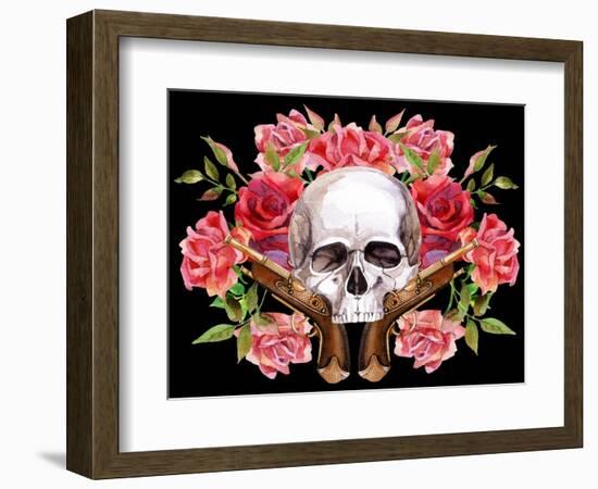 Watercolor Skull with Guns and Roses-tanycya-Framed Art Print