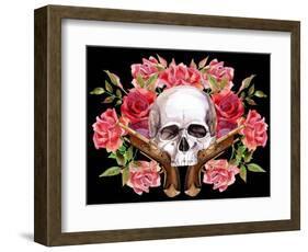 Watercolor Skull with Guns and Roses-tanycya-Framed Art Print