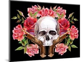 Watercolor Skull with Guns and Roses-tanycya-Mounted Art Print