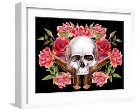 Watercolor Skull with Guns and Roses-tanycya-Framed Art Print