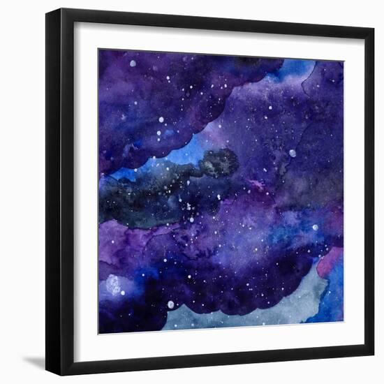 Watercolor Space Texture with Glowing Stars. Night Starry Sky with Paint Strokes and Swashes. Vecto-Anna Kutukova-Framed Art Print